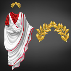 Ancient white toga on red tunic and golden laurel wreath 3d realistic vector isolated on black background. Roman empire emperor, glorious republic citizen, famous philosopher clothing, triumph symbol