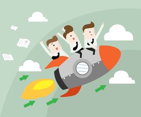 Businessmen ride a rocket heading to the goal