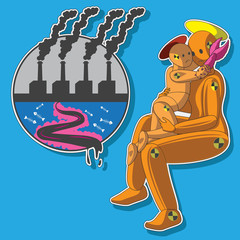 the characters are a woman with a child in her arms, the mutation of the hands, factory waste fish, harmful the environment.