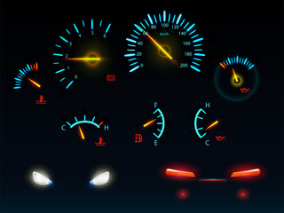 Modern car dashboard indicators glowing in darkness blue and orange light scales and arrows, automobile front and back headlights realistic vector illustrations set isolated on black background