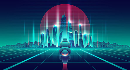 Motorcycle racing in future city cartoon vector concept. Motorcyclist on bike riding on glossy surface with glowing neon grid to futuristic architecture skyscrapers buildings on horizon illustration