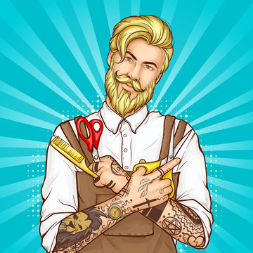 Barbershop professional hairdresser pop art vector. Half-length portrait of stylish, blond, bearded hipster man wearing apron on white shirt, holding scissors and comb in tattooed hands illustration