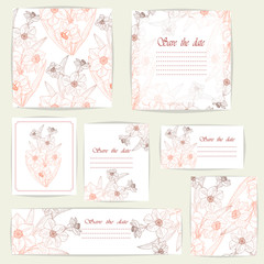 Set beautiful cards and seamless pattern with Narcissus flowers, design elements. Can be used for birthday,Valentines Day,Mothers Day,wedding cards, invitations, greetings. Vector illustration. EPS 10