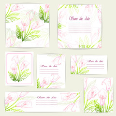 Set beautiful cards and seamless pattern with Calla flowers, design elements. Can be used for birthday, Valentines Day, Mothers Day , wedding cards, invitations, greetings. Vector illustration. EPS 10