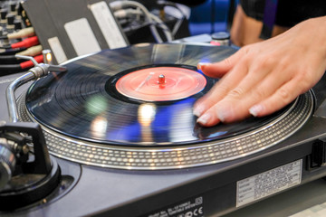 dj scratching vinyl record Close-up