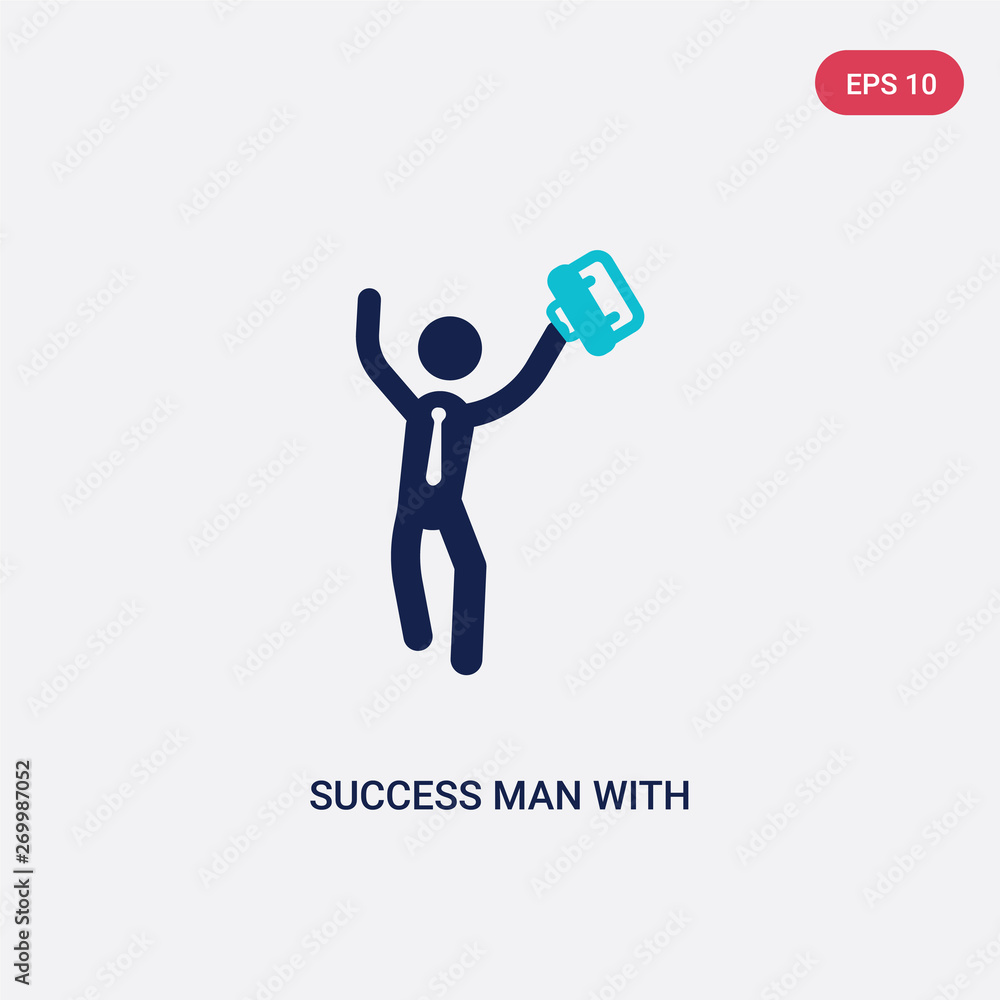 Poster two color success man with suitcase vector icon from business concept. isolated blue success man wit