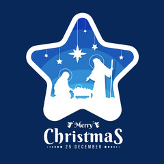 Merry Christmas banner sign with Nightly christmas scenery mary and joseph in a manger with baby Jesuson in star frame on blue background vector design