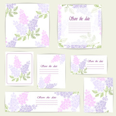 Set beautiful cards and seamless pattern with Lilac flowers, design elements. Can be used for birthday, Valentines Day, Mothers Day , wedding cards, invitations, greetings. Vector illustration. EPS 10