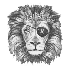 Portrait of Lion with diadem and eye patch. Hand-drawn illustration.