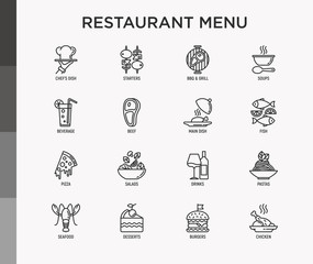 Restaurant menu thin line icons set: starters, chef dish, BBQ, soup, beef, steak, beverage, fish, salad, pizza, wine, seafood, burger. Modern vector illustration.