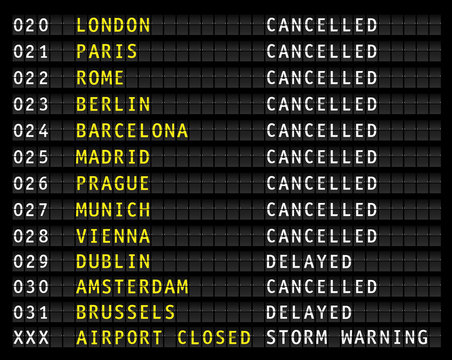 Flight information display on an airport showing cancelled flights because of storm warning, vector