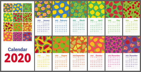 Calendar 2020. Vector English wall calender. Lemon, kiwi, pear, garnet, orange, pineapple, cherry, strawberry, watermelon, grapes, merry, apple, pomegranate and mandarin. Hand drawn. Fruits, berries