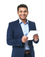 Portrait of handsome businessman with tablet computer on white background