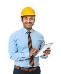Handsome architect with tablet computer on white background