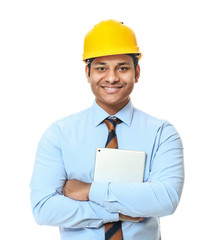Handsome architect with tablet computer on white background