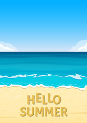 Fototapeta na wymiar Hello summer banner with sea or ocean and sandy beach. Travel and vacation background template. Vector illustration.