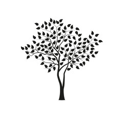 Tree with foliage. Black silhouette. Landscape design, nature, forest of garden symbol. Vector illustration.