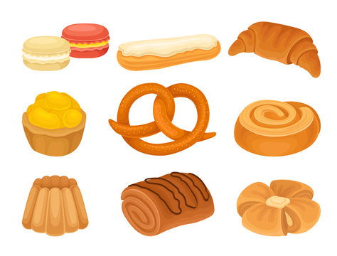 Set of images of various bakery products. Vector illustration on white background.