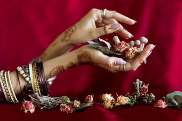 Slender elegant female wrists painted with traditional Indian oriental mehndi ornaments by henna....