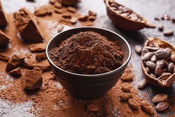 Bowl with cocoa powder on table