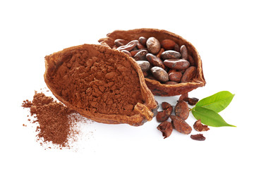 Cocoa pods with beans and powder on white background