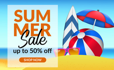 Summer holiday sale offer discount poster banner template with beach landscape illustration