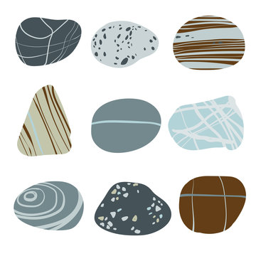 Colorful sea pebbles. Set of images in flat style . A variety of gray, beige, blue stones on the beach.