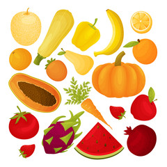 Set of fruits and vegetables. Vector illustration on white background.