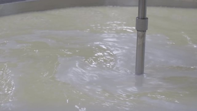 Cheese factory. Process of fermentation of milk and whey separation in tank. Flat profile.
