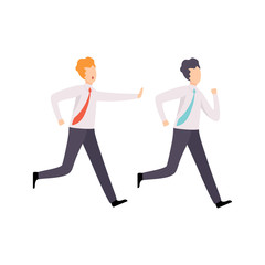 Fototapeta na wymiar Businessman Catching Up Running Colleague, Business Competition, Rivalry Between Office Workers Vector Illustration