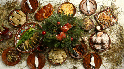 Christmas Family Dinner Table Concept. traditional Christmas sweet meal in Ukraine, Belarus and Poland, on wooden table