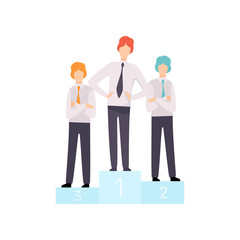 Successful Businessmen Standing on Pedestal, Business Competition Among Themselves, Rivalry Between Colleagues Vector Illustration