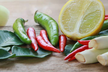 tom yum spicy or ingredient tom yum, thai food, on the wood