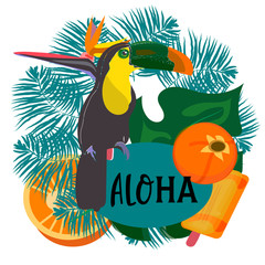 Obraz na płótnie Canvas toucan with tropical flower and leave background, card, strelitzia