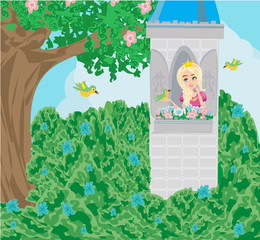 Cartoon fairy tale scene with castle tower and beautiful princess