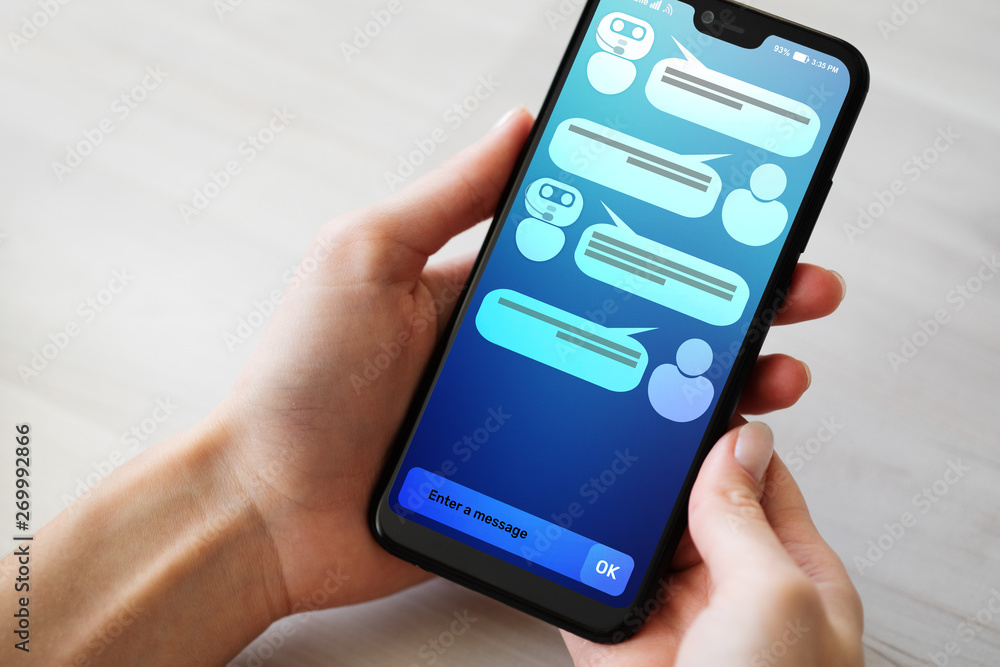 Poster customer and chatbot dialog on smartphone screen. ai. artificial intelligence and service automation