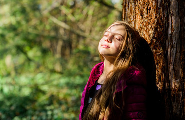 Enjoying nature. Peaceful environment garden. Kid cute fancy child spend time in park. Explore garden. Excursion to botanical garden. Plants grown for display to public. Girl walk in botanical garden