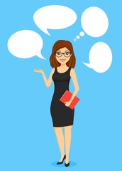 Young businessman girl, with speech bubbles. Girl in a strict dress holding a folder and makes a gesture