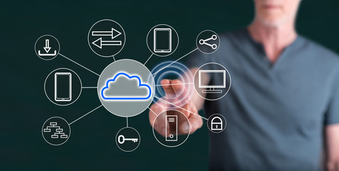 Man touching a cloud computing concept