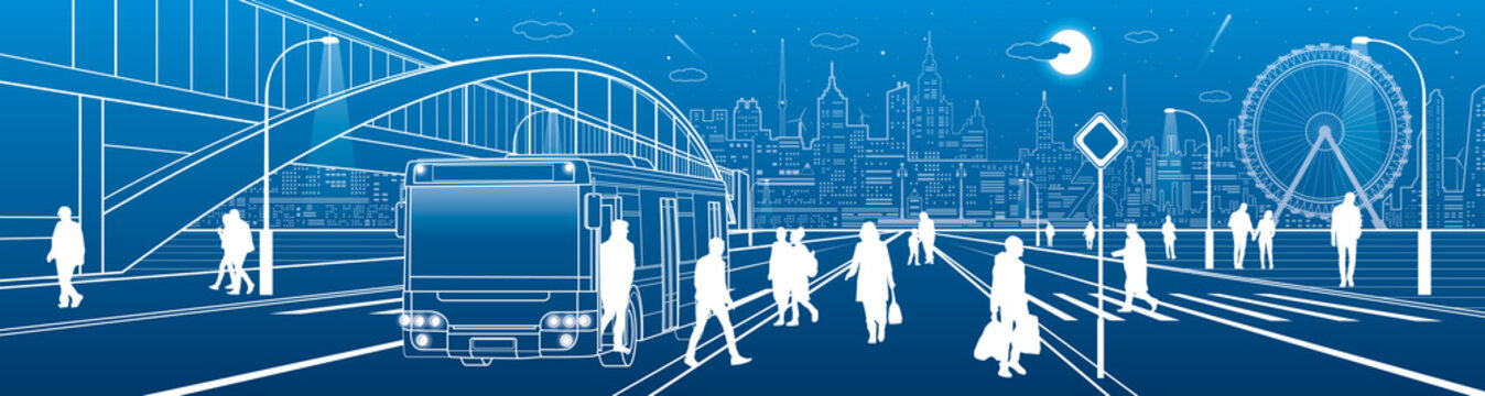 City scene, people walk down the street, passengers leave the bus, night city, Illuminated highway, transitional arch bridge on background. Outline vector illustration