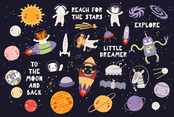 Big set of cute animal astronauts in space, with planets, stars, spaceships, quotes, on dark background. Hand drawn vector illustration. Scandinavian style flat design. Concept for children print. © Maria Skrigan