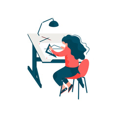 Woman Architect Sitting at Desk Working on Blueprint Building Plan, Female Professional Engineer Character Vector Illustration