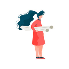 Woman Architect with Project Paper Rolls, Female Professional Engineer Character Vector Illustration