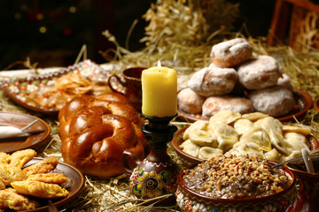Bowl with kutia - traditional Christmas sweet mealon wooden table, Christmas Family Dinner Table Concep