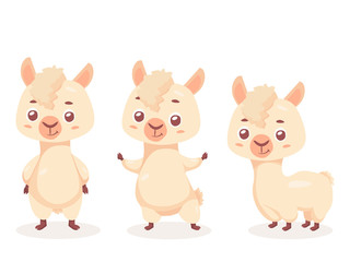 Alpaca cartoon character vector illustration SET. Cute and funny Mascot