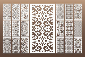 Laser cut cabinet fretwork perforated panel in arabic style. Ornamental panels template set for cutting exterior, rate 1;2. Metal, paper or wood carving. Outdoor screen.