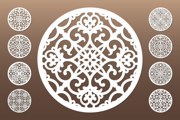 Laser cut cabinet fretwork perforated panel in arabic style. Ornamental round panels template set for cutting exterior. Openwork holders templates. Metal, paper or wood carving. Outdoor screen.