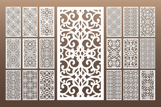 Laser cut cabinet fretwork perforated panel in arabic style. Ornamental panels template set for cutting exterior, rate 1;2. Metal, paper or wood carving. Outdoor screen.