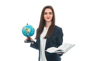 Fototapeta premium Woman with globe and notepad isolated on white