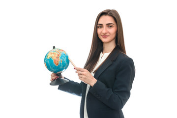 Young woman with pen and globe isolated on white